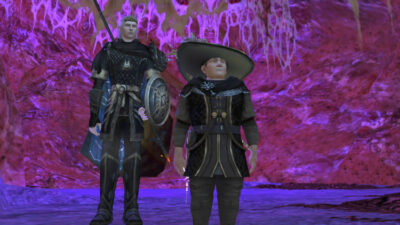A very old shot of me with a kinmate heading to one of those landscape "raid bosses" in LOTRO.