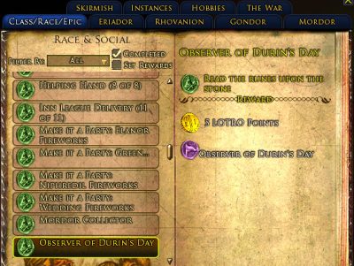 LOTRO Observer of Durin's Day Deed Log