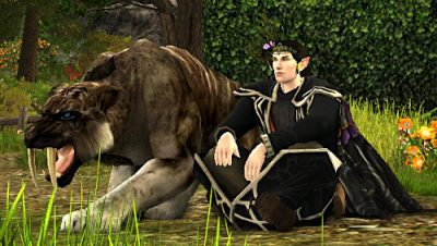 My LOTRO Lore-master just sat with his Saber-cat Companion/Pet.