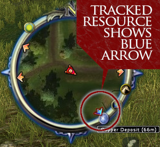 A tracked resource shows a blue arrow on the minimap.