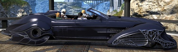 The FFXIV Regalia Type-G Car with four players riding on board.