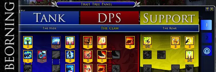 The Traits panel shows the Class Trait Trees. In the case of Beorning they represent Tank, DPS and Support.