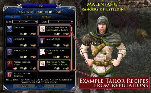 Example Tailor Crafting Recipes from a Reputation vendor. In this case it's the Rangers of Esteldin in the North Downs.
