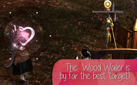 Targeting an NPC before using the FFXIV Love Heart Emote. The text reads "The Wood Wailer is by far the best 'target'!