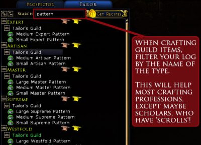When crafting guild reputation items filter your log by the name of the item type.