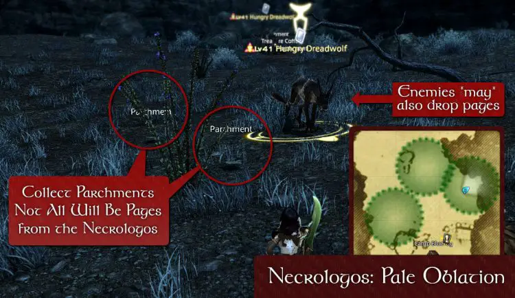 For Necrologos Pale Oblation, you can gather pages from the floor, or from defeating leve-spawned enemies.