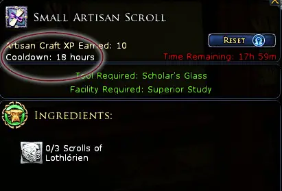 Guild Item Crafting Recipe shows its cooldown information.