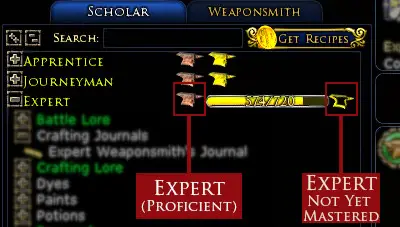 LOTRO Crafting Panel showing Expert Tier as proficient but not yet mastered.