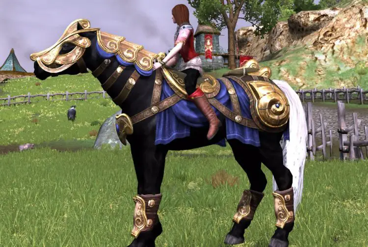 LOTRO Perfect Curl War-Steed cosmetics, shown on a pure black horse with a pure white tail and a darker blue dye used to replace the default green material.