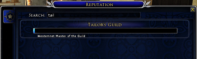 The LOTRO Reputations panel filtered to show my current reputation rank with a crating guild - in this case the Tailor's guild.