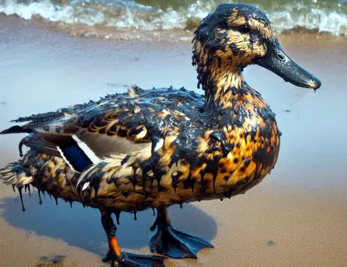 AI generation using Bing of a duck covered in oil from pollution while standing on a beach.