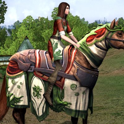 Sorry for the repetitiveness of alts, but this is LOTRO's Steed of the Green Dragon Inn, but taken closer up so you can see more of the details. For those with accessibility issues, this horse outfit is red, cream and green with dragon symbols and leather straps.