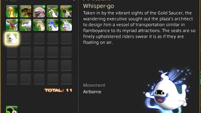 You can then find the FF14 Whisper-Go Mount alongside all your others in the Mount Guide panel.