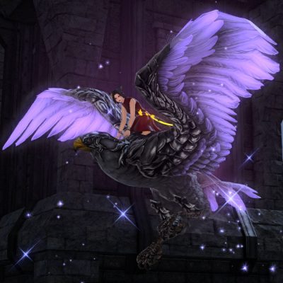 FFXIV Round Lanner Mount in Flight | it's a sort of hawk with a gentle purple aura and star-like sparkles floating around it.