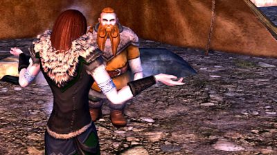 Glinmaethor shrugs at a Dwarf in LOTRO. It was the best image I could come up with about whether getting the right LOTRO race matters!