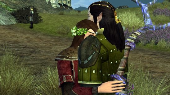 My female human character hugs her Elven love.