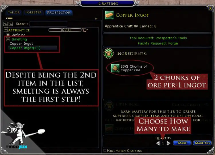The first step in Prospector crafting is to Smelt ore into Ingots. Here's the LOTRO crafting panel showing this with copper ore (and ingots)