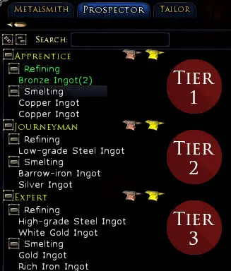 Showing the first three tiers of Prospector crafting - Apprentice, Journeyman and Expert.