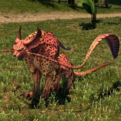 FFXIV Ocelot - Dawntrail / Dawn Hunt Target. The Ocelot is much like a pink Coeurl.