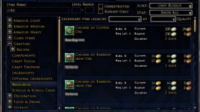 Examples of people selling Copper Ore and Barrow-Iron Ore (T1 and T2) on the Auction House in LOTRO.