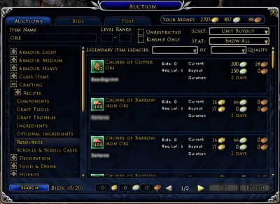 Examples of people selling Copper Ore and Barrow-Iron Ore (T1 and T2) on the Auction House in LOTRO.