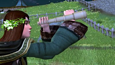 A close up of a LOTRO character using the spyglass - a small hand-held telescope - when looking for birds.