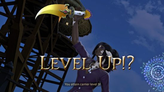 FFXIV Shot of a character wielding a large dagger while the words Level Up are questioned. (For anyone reading the alt descriptions this is from the Moogle Post questline that starts with Errant Epistles).