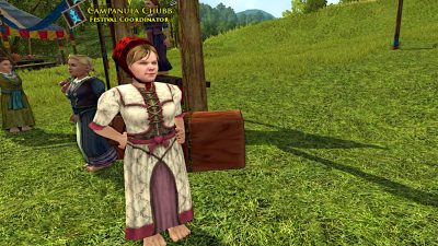 Campanula Chubb is the Farmers Faire wrapper questgiver. She can be found in Bywater and the Party Tree (yes, at the same time, she must have a Twin sister, with the same name to confuse everyone).