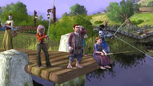 Players (and NPCs) fishing at Bywater Pond as part of the Farmer's Faire / Summer Festival in the Lord of the Rings Online.