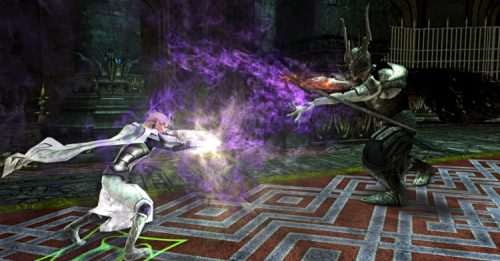 An Elf struggles against Sauron in a Mordor instance in LOTRO. 